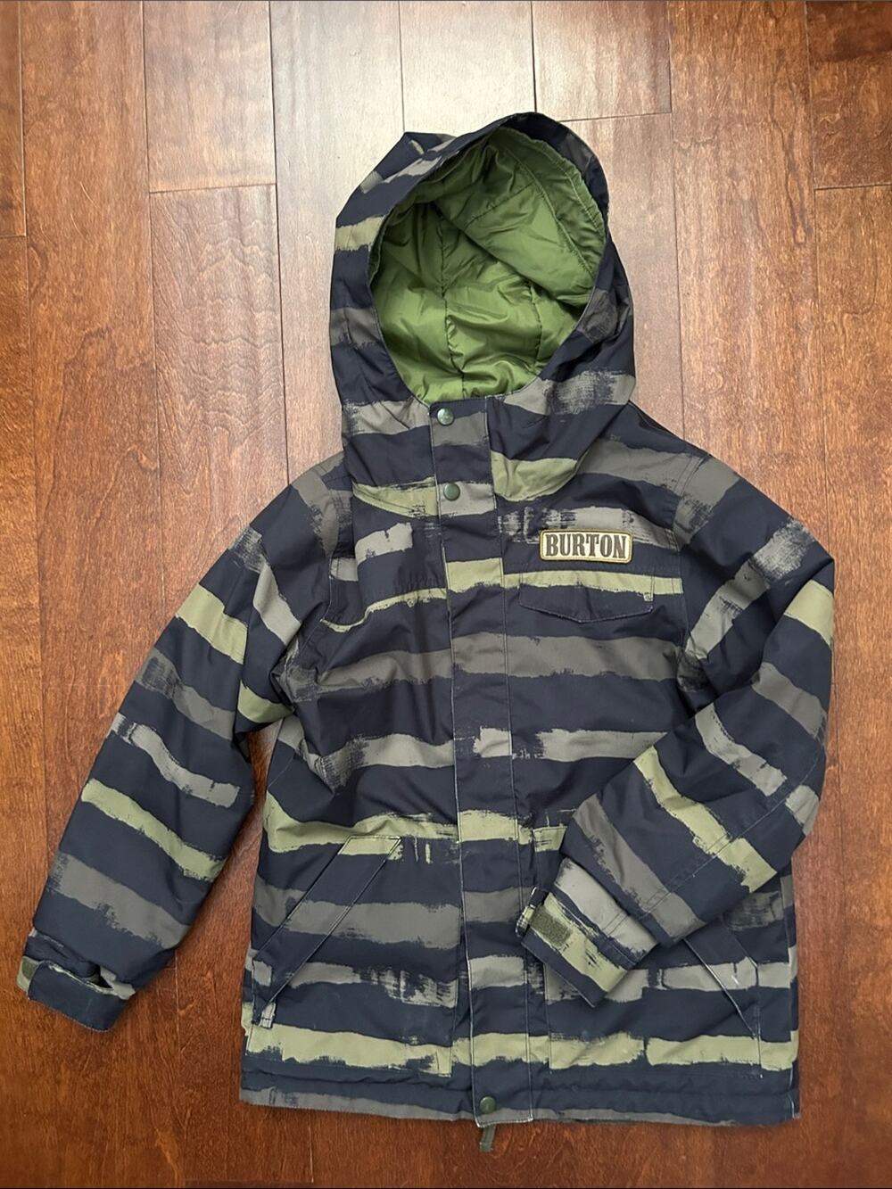 Burton Striped Hooded Jacket - Black & Olive, Size Medium